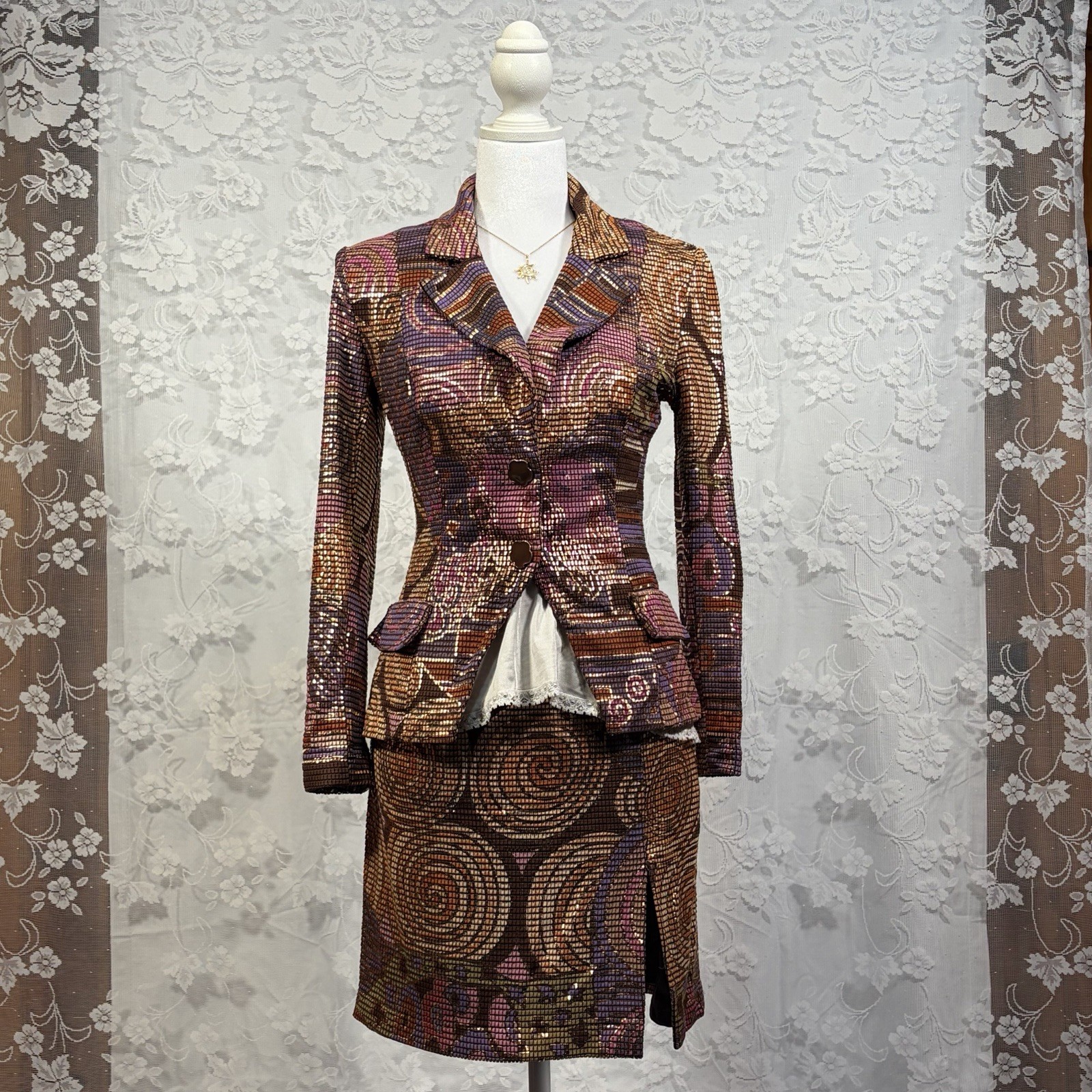 Janine Petites Geometric Skirt Suit Brown Purple Gold Pink Multicolor