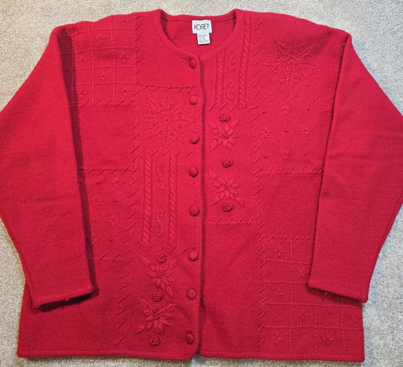 Koret Vintage 100% Wool Sweater Cardigan Embroidered Floral Cable Red Women&rsquo;s XL