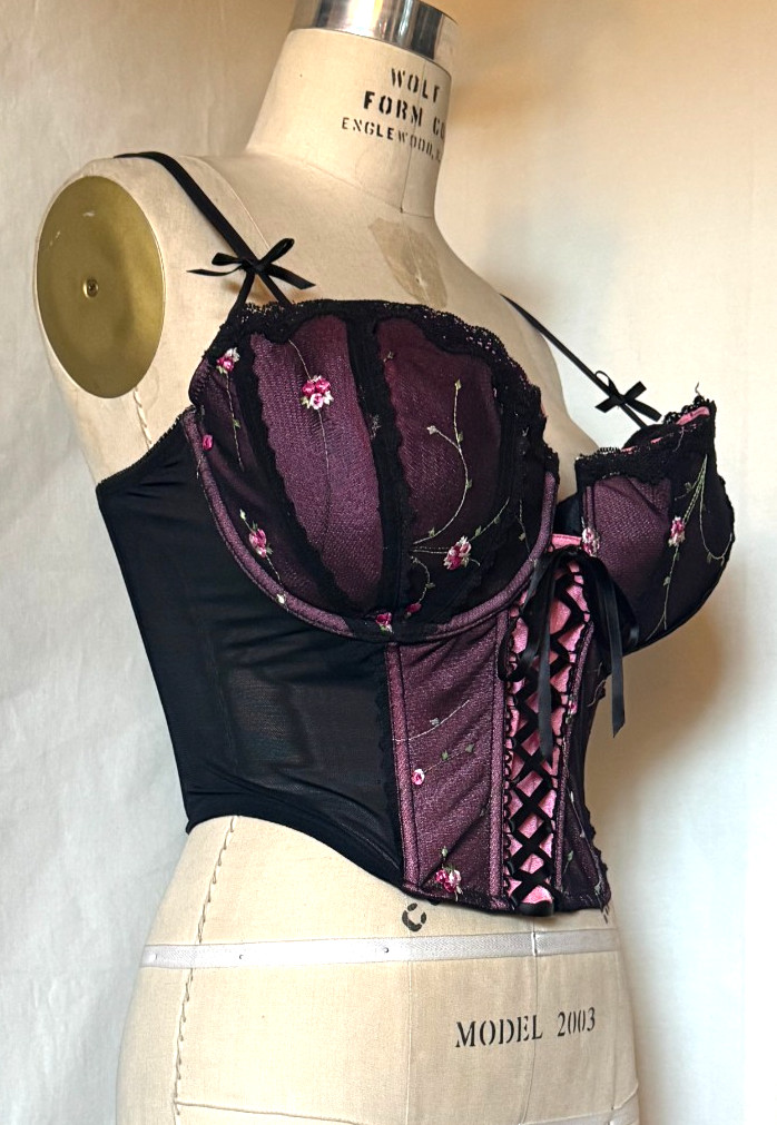LACE FRONT CORSET BUSTIER « ENCHANTED » SHEER BLACK NYLON w EMBROIDERED CUPS 42DD
