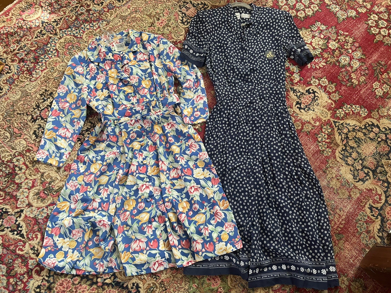 Lot Of 2 Vintage ‘80s ‘90s Floral Print Dresses Navy Blue Pastel Summer M