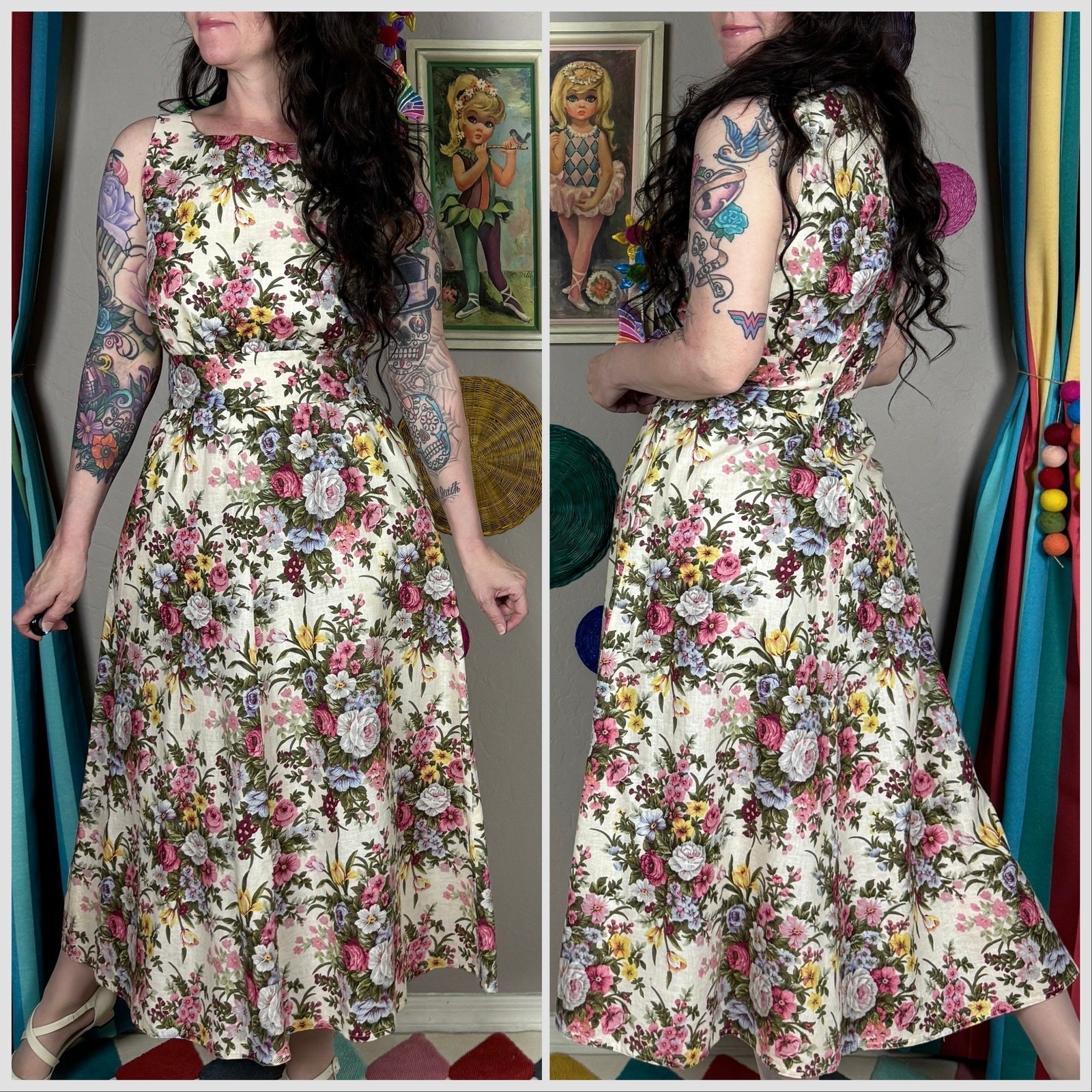 Vintage 1980s Cream Floral Print Sleeveless Cotton Midi Dress | 26&Prime;-28&Prime; Waist