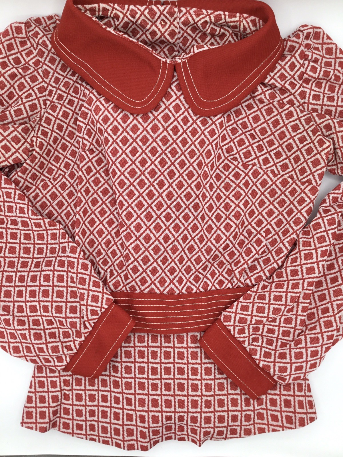 60’s-70’s💥Vicky Vaughn Crop 2pc Skirt Set Red White Geometric Mod, Sz. XS/SM