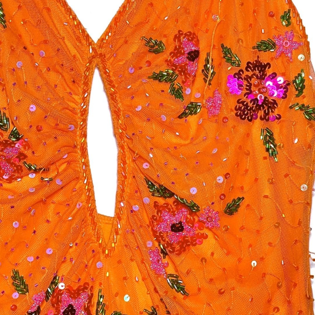 Vtg Y2k Womens Orange Sequin Ruffle Balletcore Fairy Prom Dress Sz S FLAW