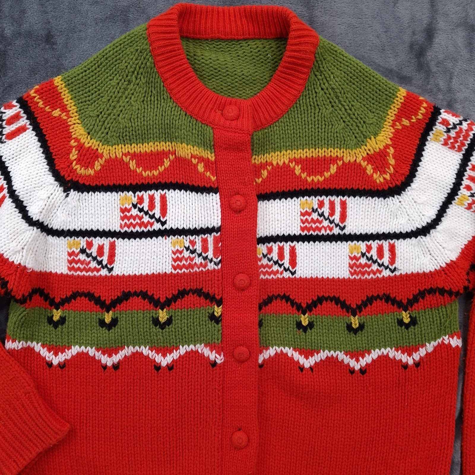 Vtg Handmade Button Front Sweater Red Green Acrylic Blend Womens M 80s Style