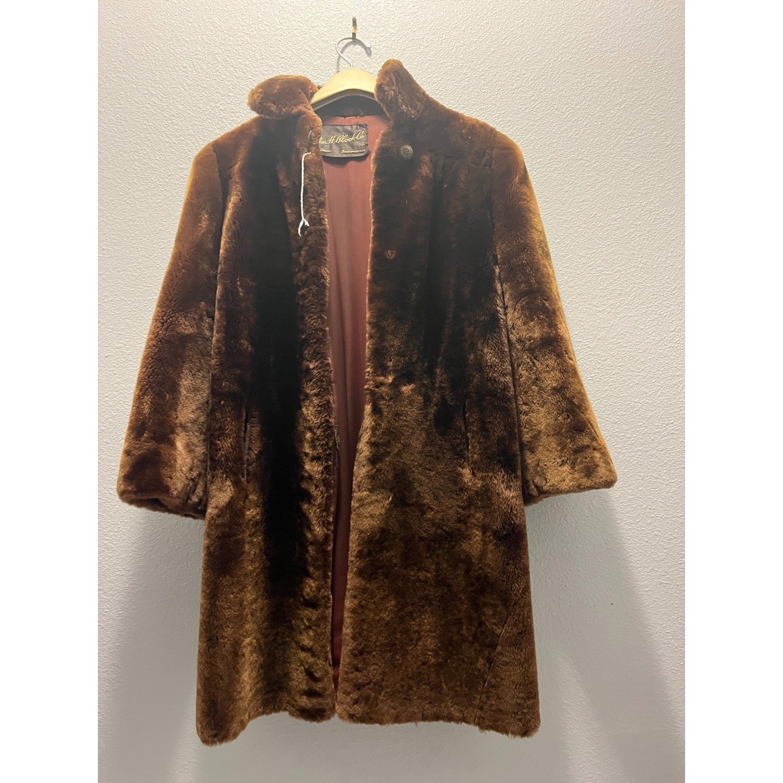 Vintage Bonmouton Eitingon Dyed Lamb Faux Fur Coat Brown Mid-Century Glamour XS