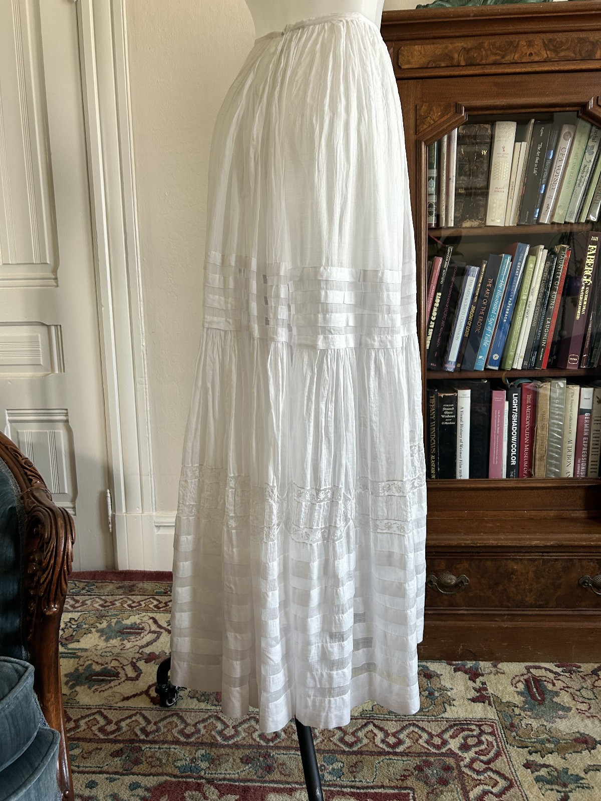 Antique Victorian Edwardian Cotton Lawn Skirt Sheer White Lace Petticoat VTG SM