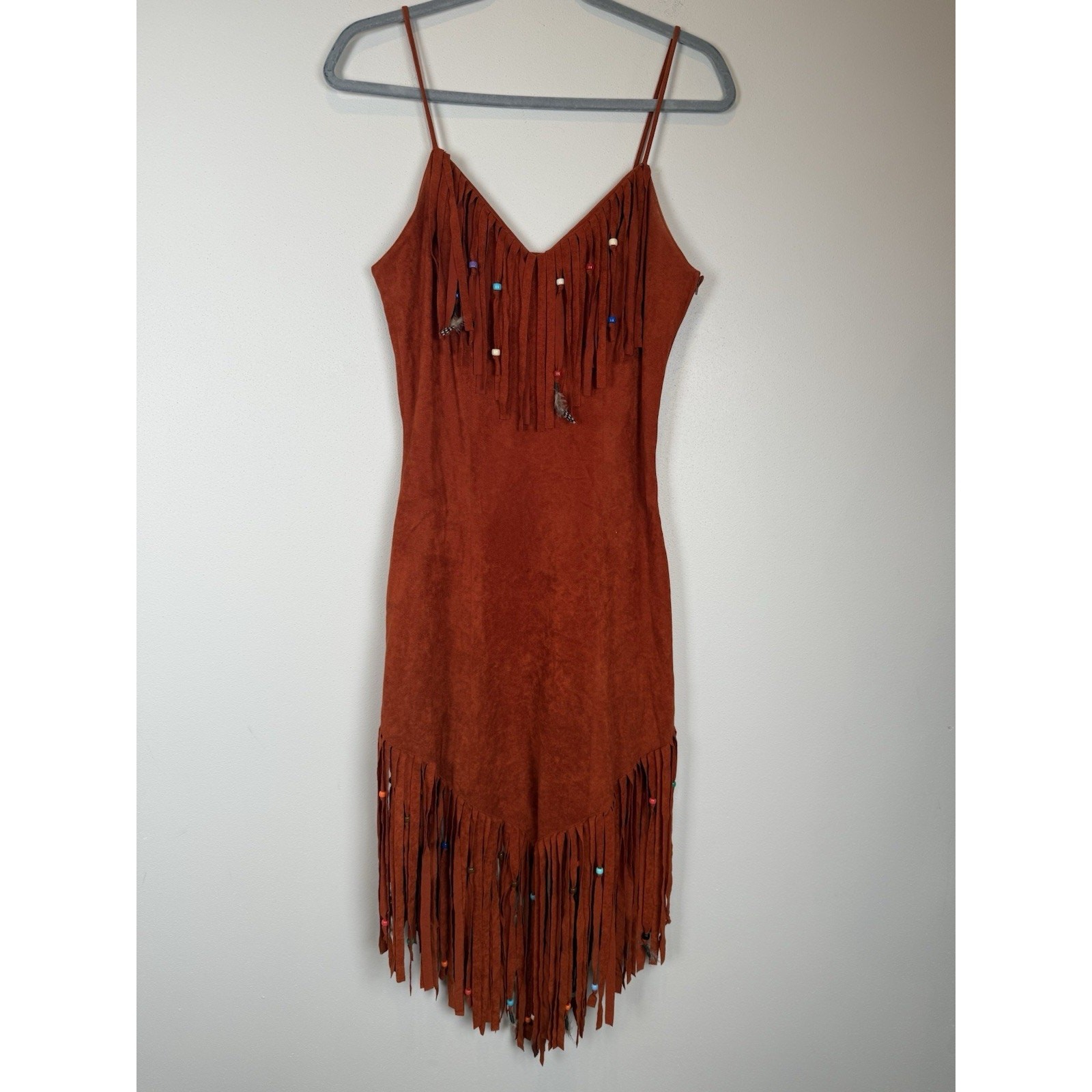 1970s Samir Rust Brown Faux Suede Beaded Fringed Boho Vintage 70s Dress