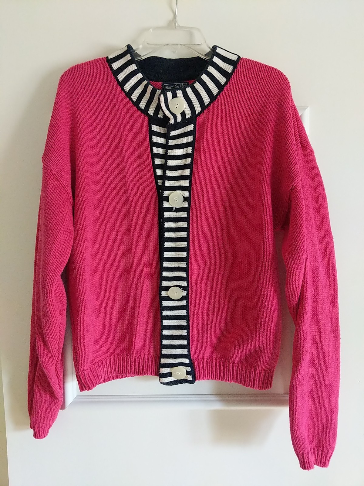 Vintage Harold&rsquo;s Cardigan Hand Framed 100% Fully Combed Cotton Pink & Navy Blue