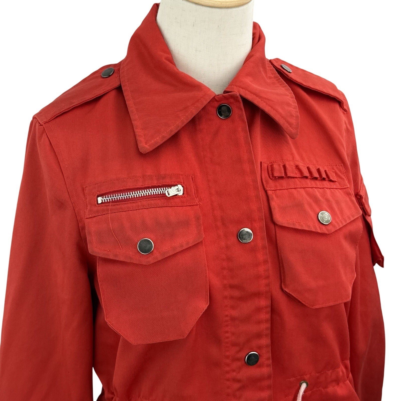 Vintage 70s Red Utility Jacket Small Cinch Waist Military Safari Field Coat