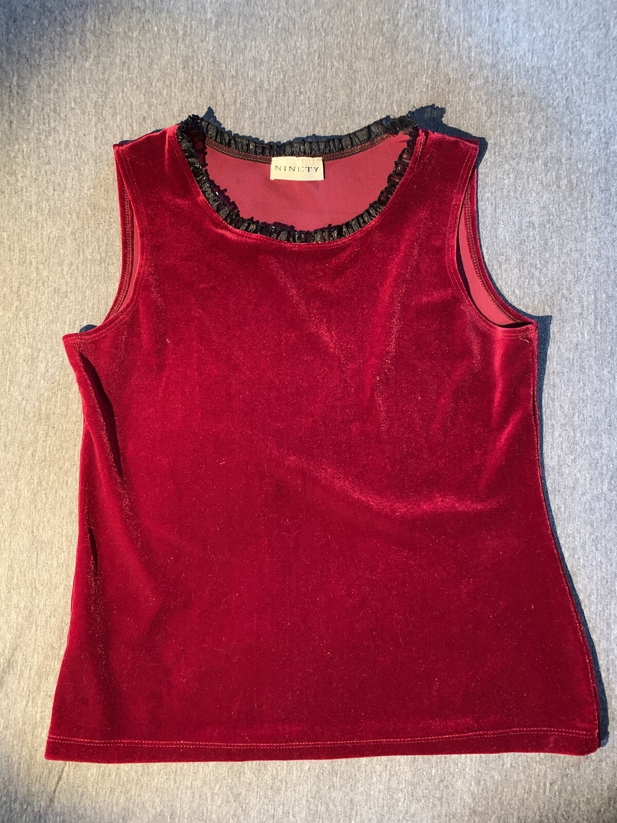 Vintage 90s Red Velvet Top Black Beaded Ruffles WhimsyGoth Vamp Boho Glam S/M