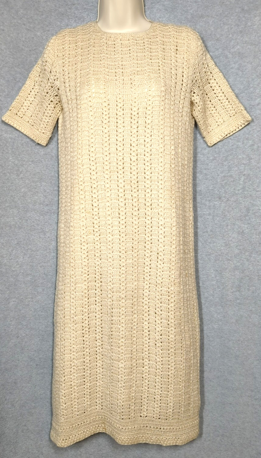 Vtg Crochet Knit Ivory Maxi Dress S 6 Lined Boho Cottage Core Prairie Princess