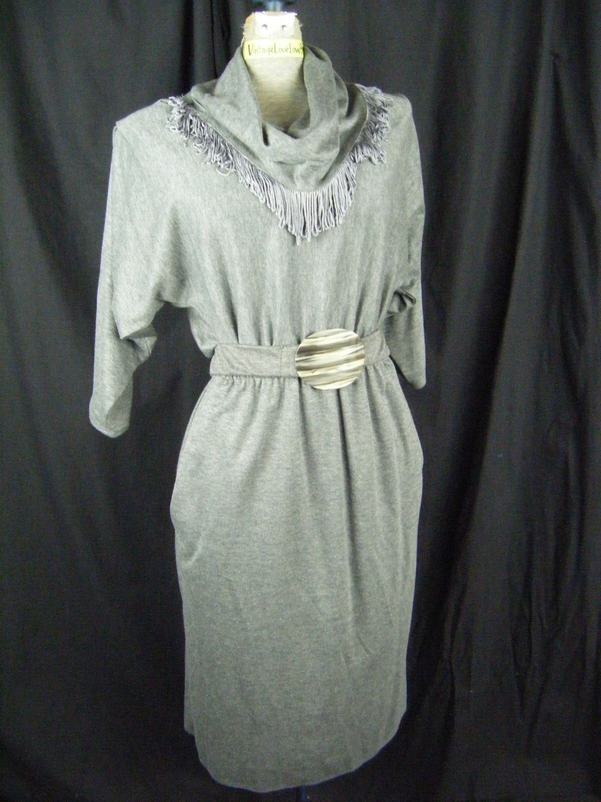 STUART ALAN Vtg 80s Heather Grey Knit Fringes Collar Western Dress-Bust 44/M