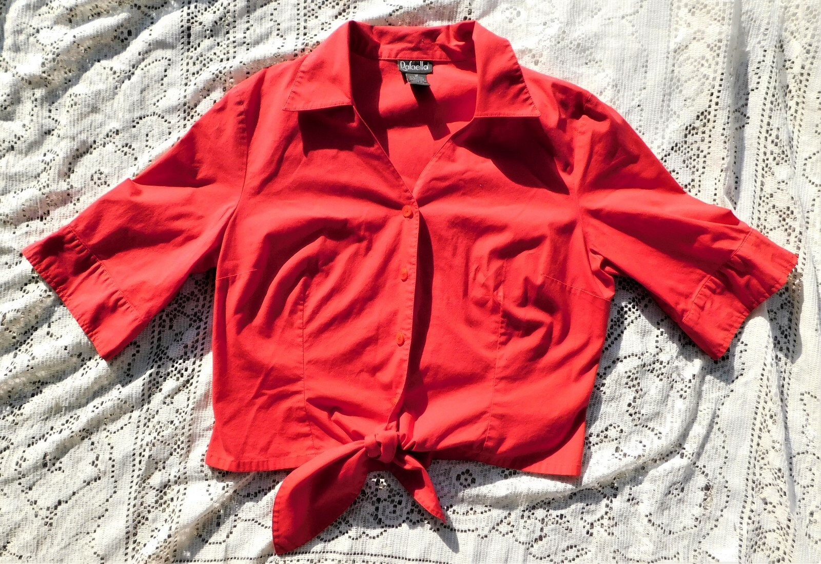VINTAGE RED SIZE 12 RAFAELLA CROP TOP TIE IN FRONT ROCK A BILLY BLOUSE / TOP