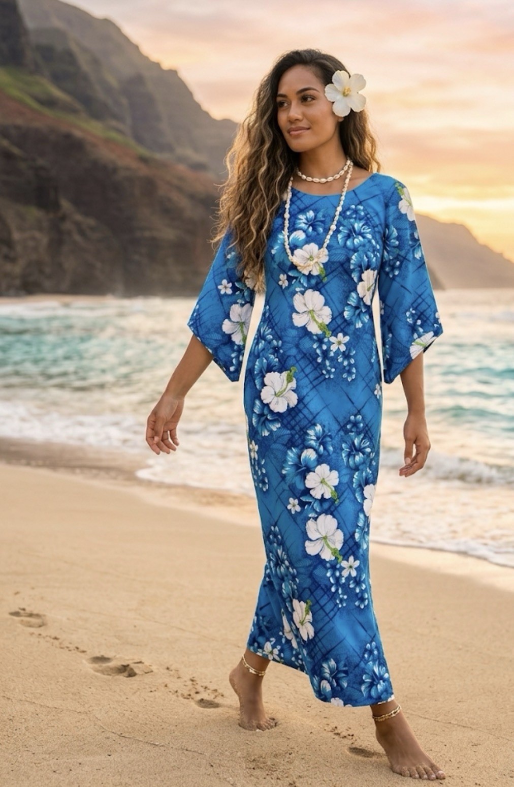 Vtg Sears Hawaiian Dress Maxi Floral M/l Lightweight Blue Hibiscus Cold Shoulder