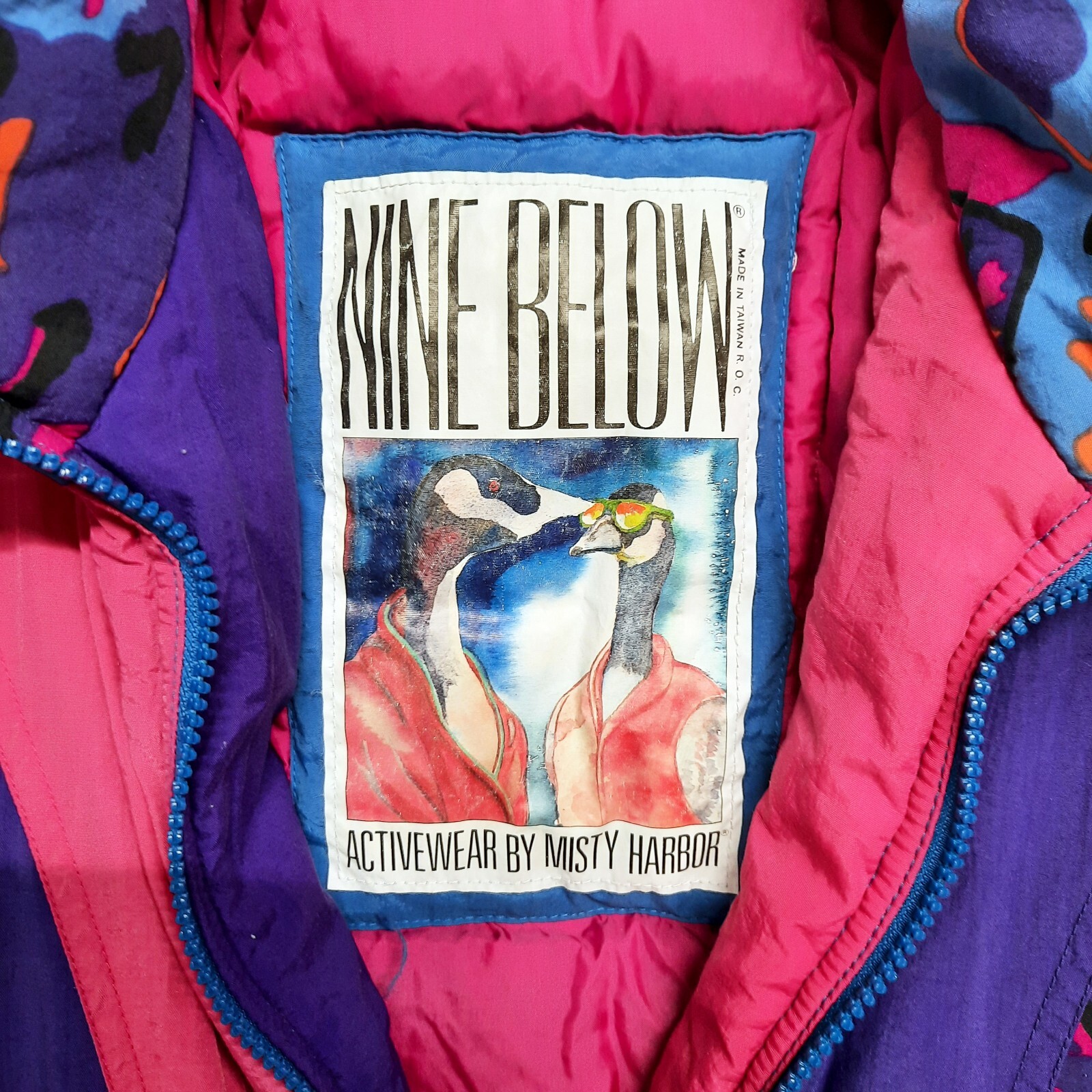 Vintage 1980s Nine Below Ski Jacket Down Coat Color Block Pink Purple Blue
