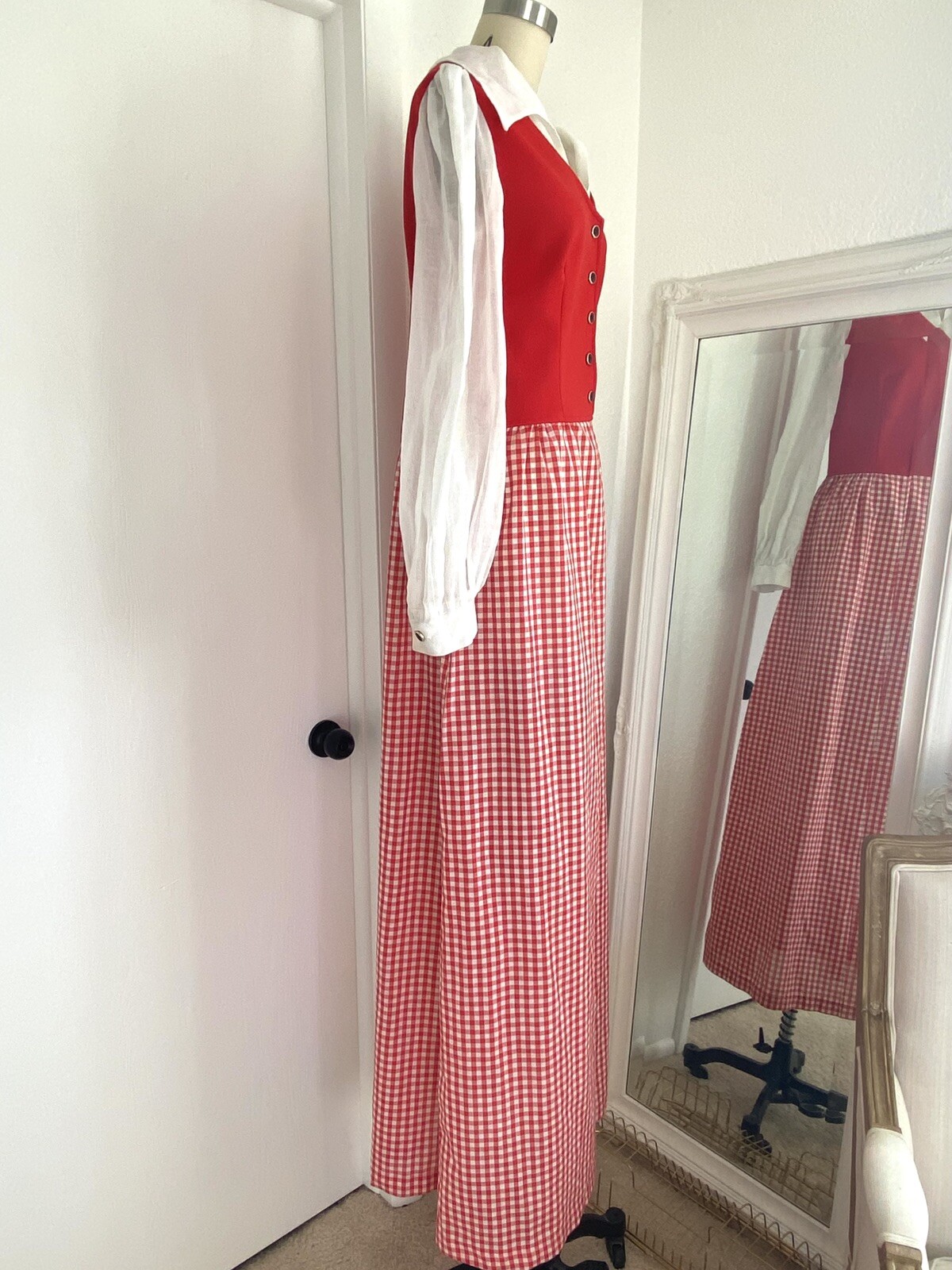 Vintage 70s Red Gingham Long Maxi Floor Gown Oversized Collar Boho Cottage Core