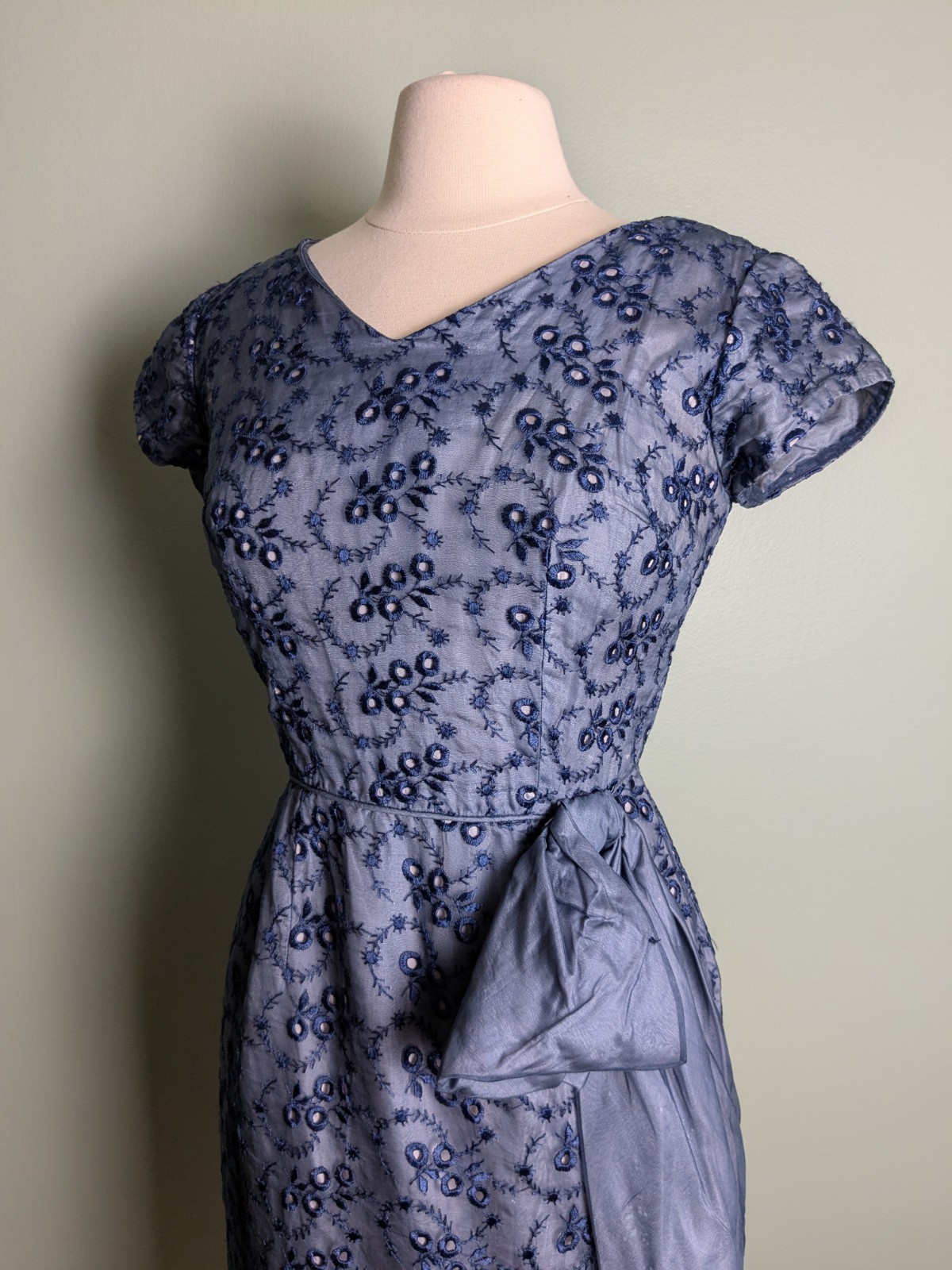 As Is Navy Blue Eyelit Flower Wiggle Dress Side Bow 1960s