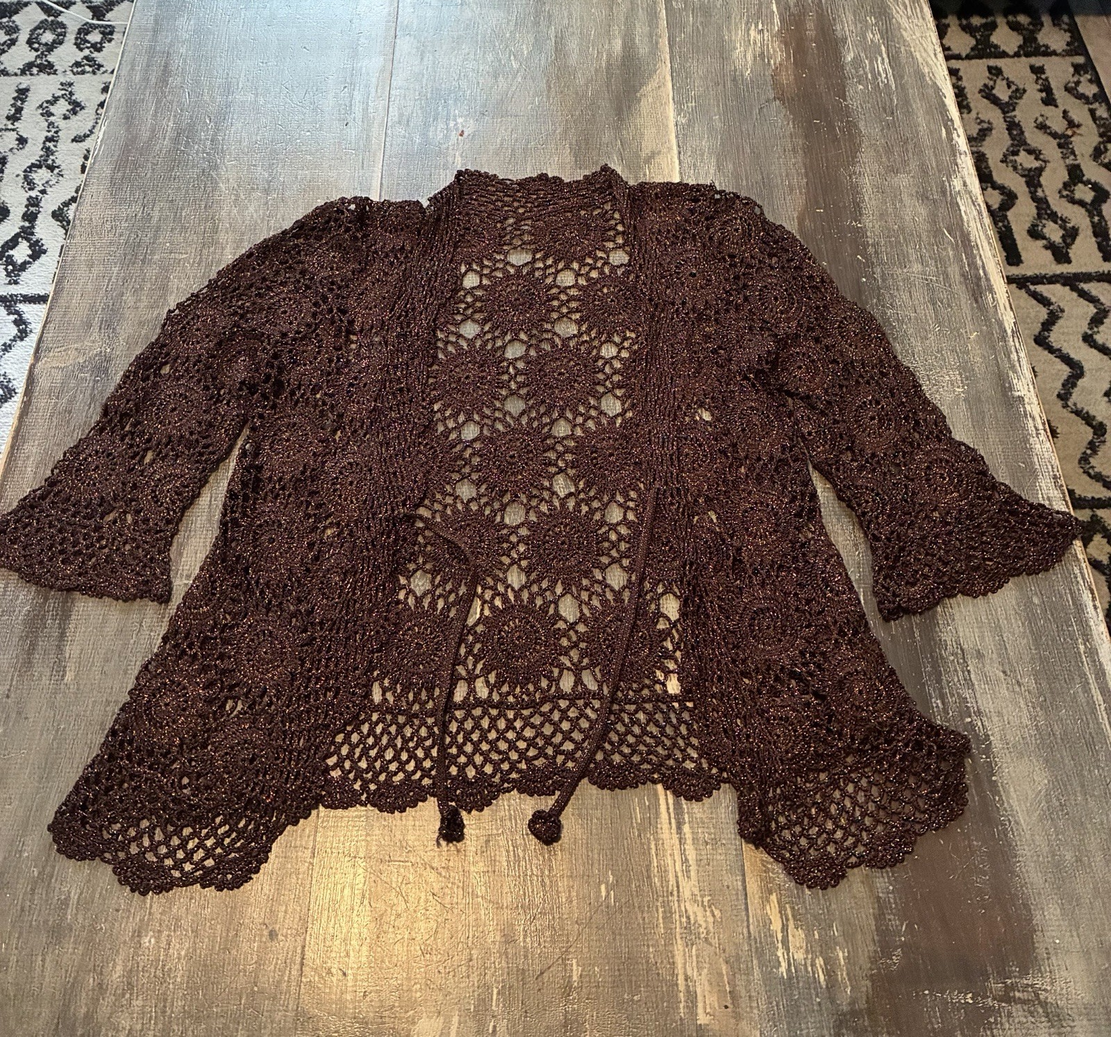 Women’s VTG Copper Brown Crocheted Cardigan Top Small Petite Boho Rodeo