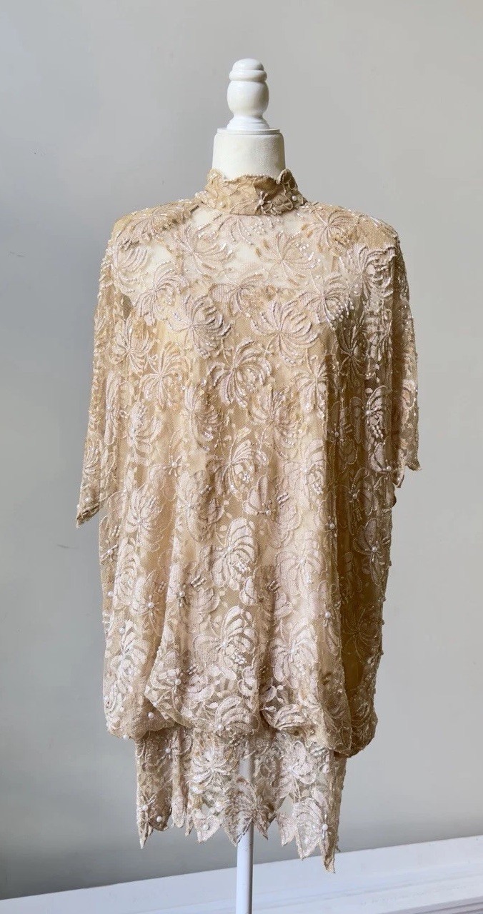 Vtg 80s CHAMPELLYSE Pure Silk Beaded Sequin Lace Tunic Dress M Drop Waist