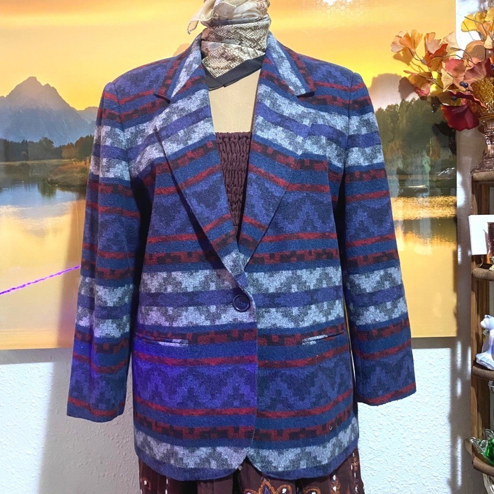 Vintage Petite Sophisticate Blazer Southwestern Aztec Women 12 Blue Wool Blend