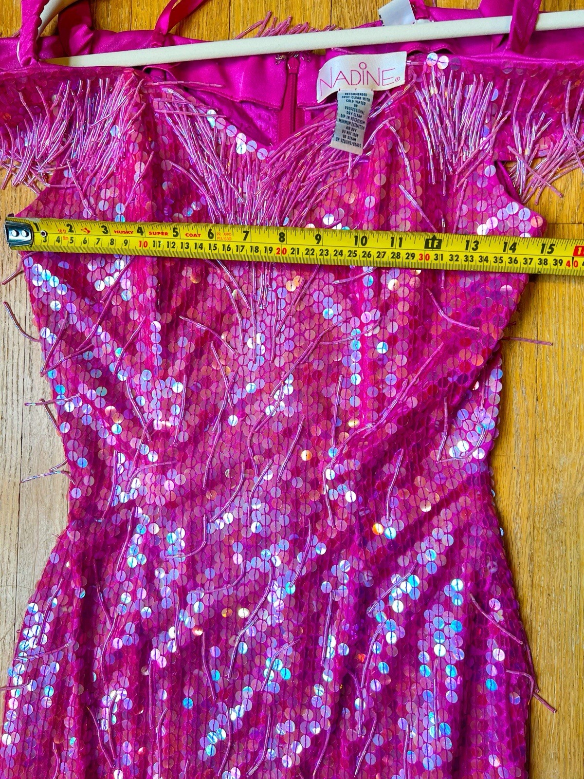Vintage Nadine Bright Pink Sequins Beaded Fringe Off The Shoulder Dress