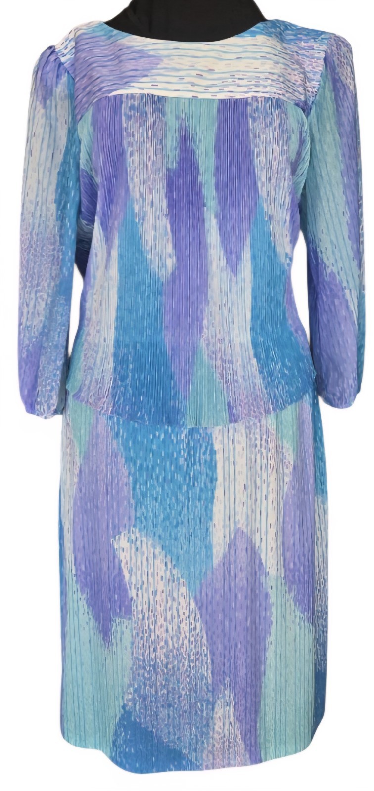 1970s M.C.S. LTD Blouson Style Polyester Dress W/Micro Ribbed Top Size L/XL