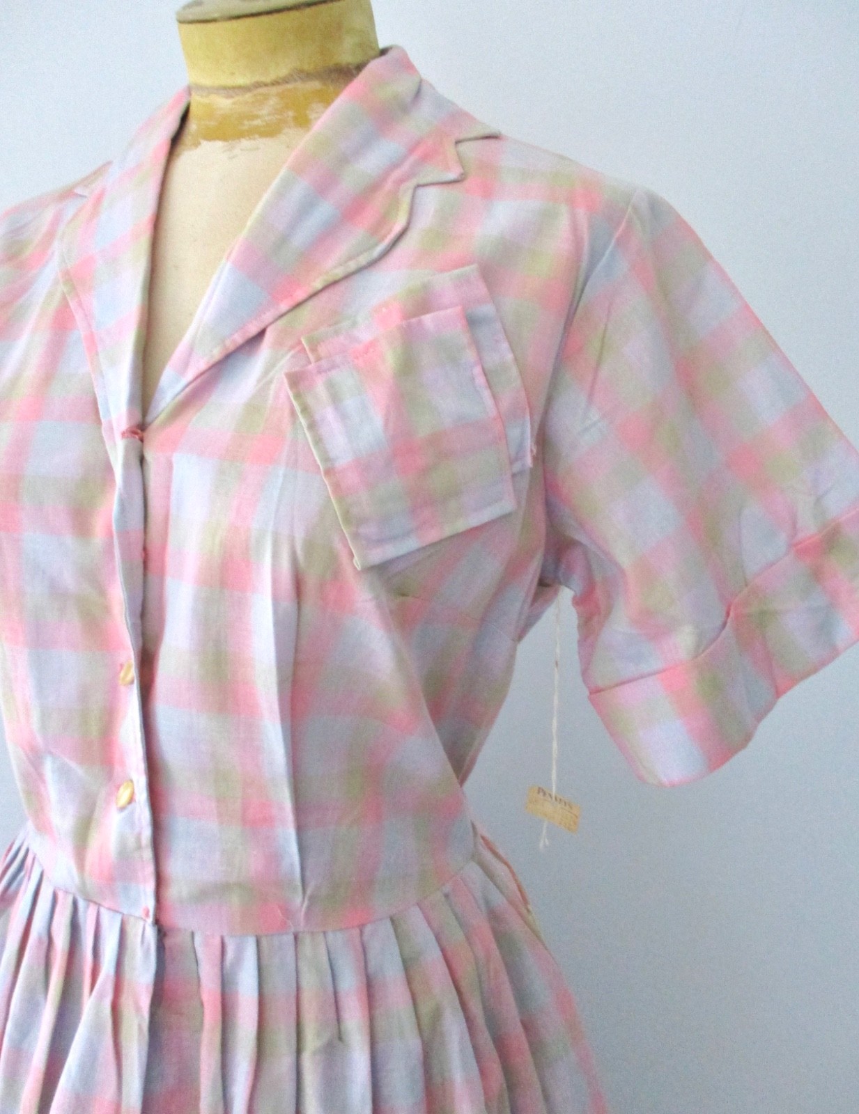 NOS w/Tag Vtg 50s Rockabilly Pink Shadow Plaid Shirtwaist Dress Sawtooth Trim 16