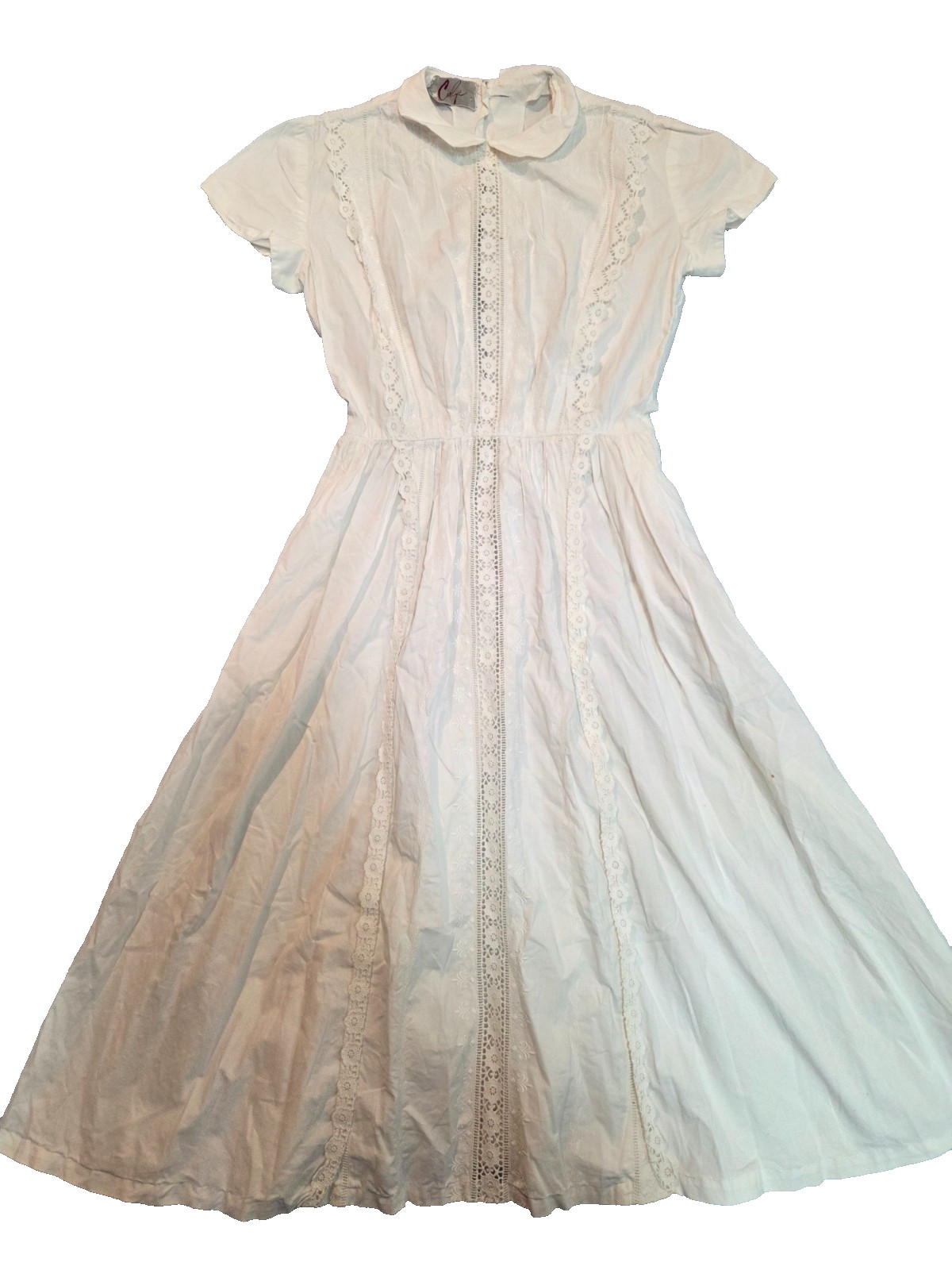 Vintage Carlye A-Line Linen Dress Women&rsquo;s Small Beige Cap Sleeve Floral Lace