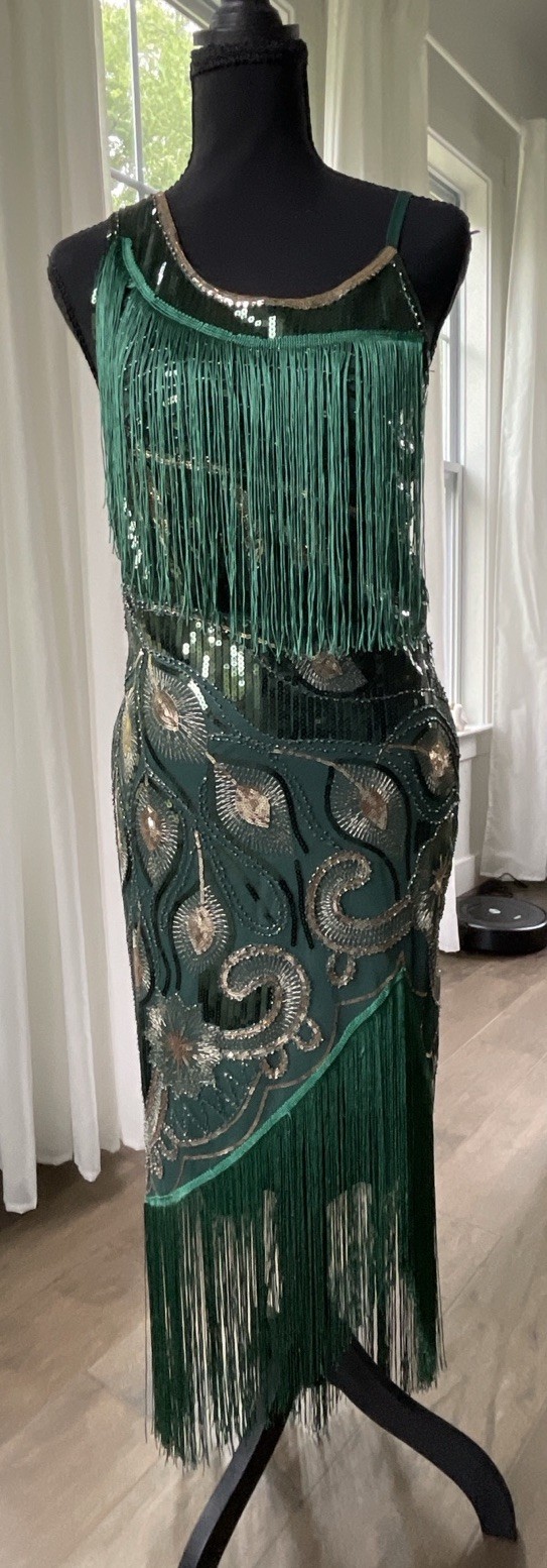 1920s Gatsby Flapper Dress Green Sequin Fringe Beaded Art Deco Evening