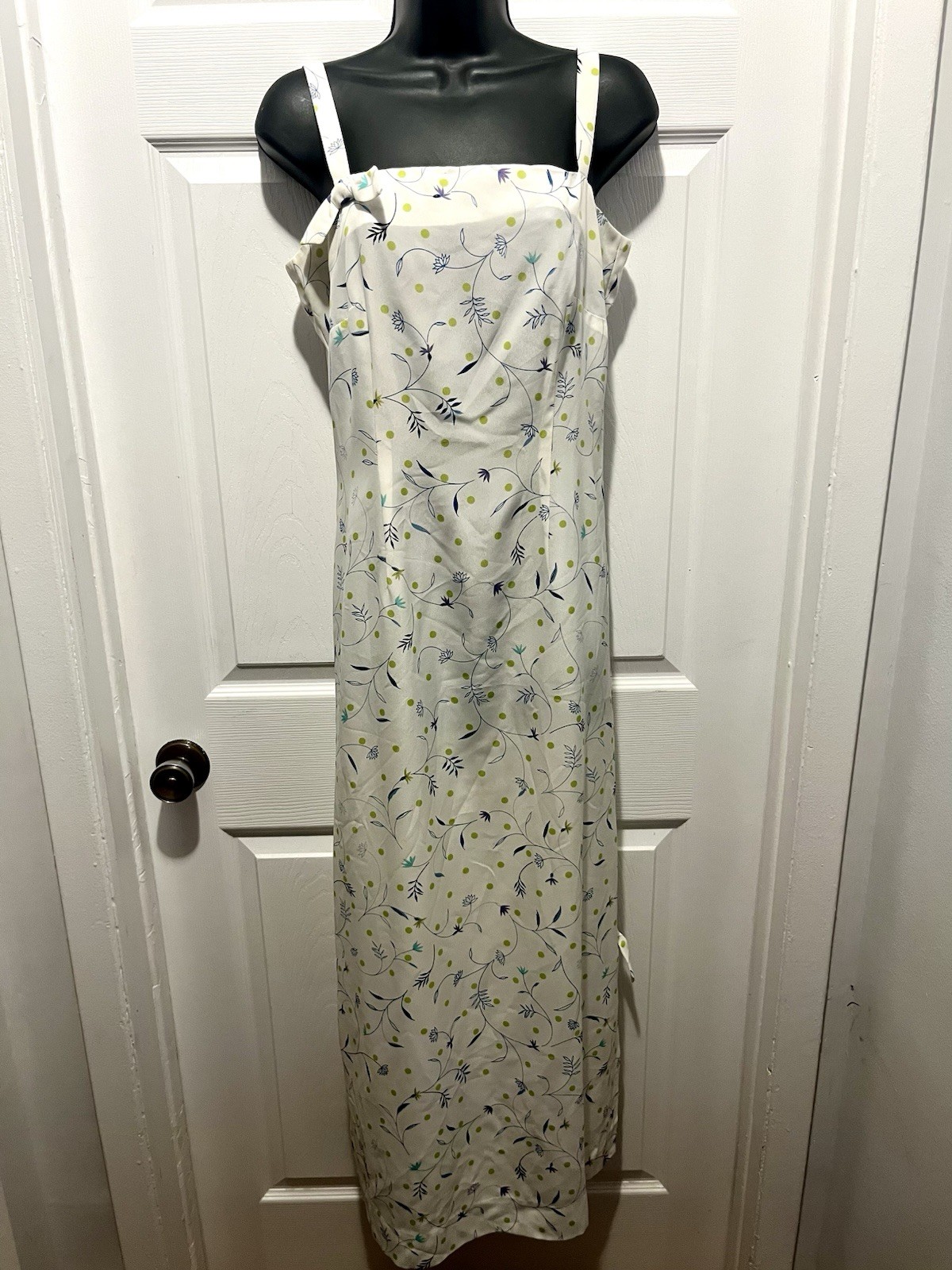 Vintage Dress Floral Maxi Medium Summer Bow Sleeveless Dot White