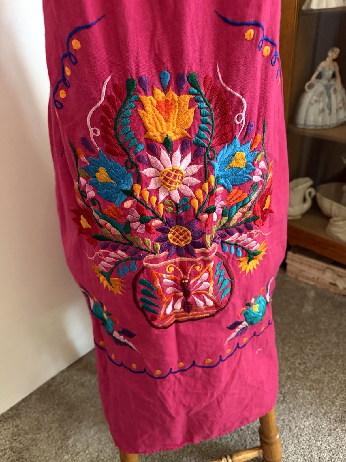 VTG 70s PINK W/ EMBROIDERY & TIE BELT COTTON RETRO MEXICAN FRIDA DRESS S-M