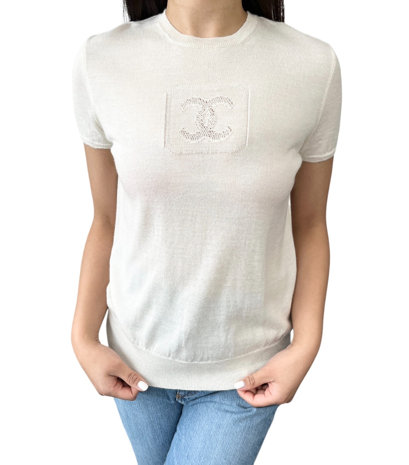 CHANEL Vintage 03P CC Mark Logo Mesh Knit Tshirt Top White Short Sleeve Cotton