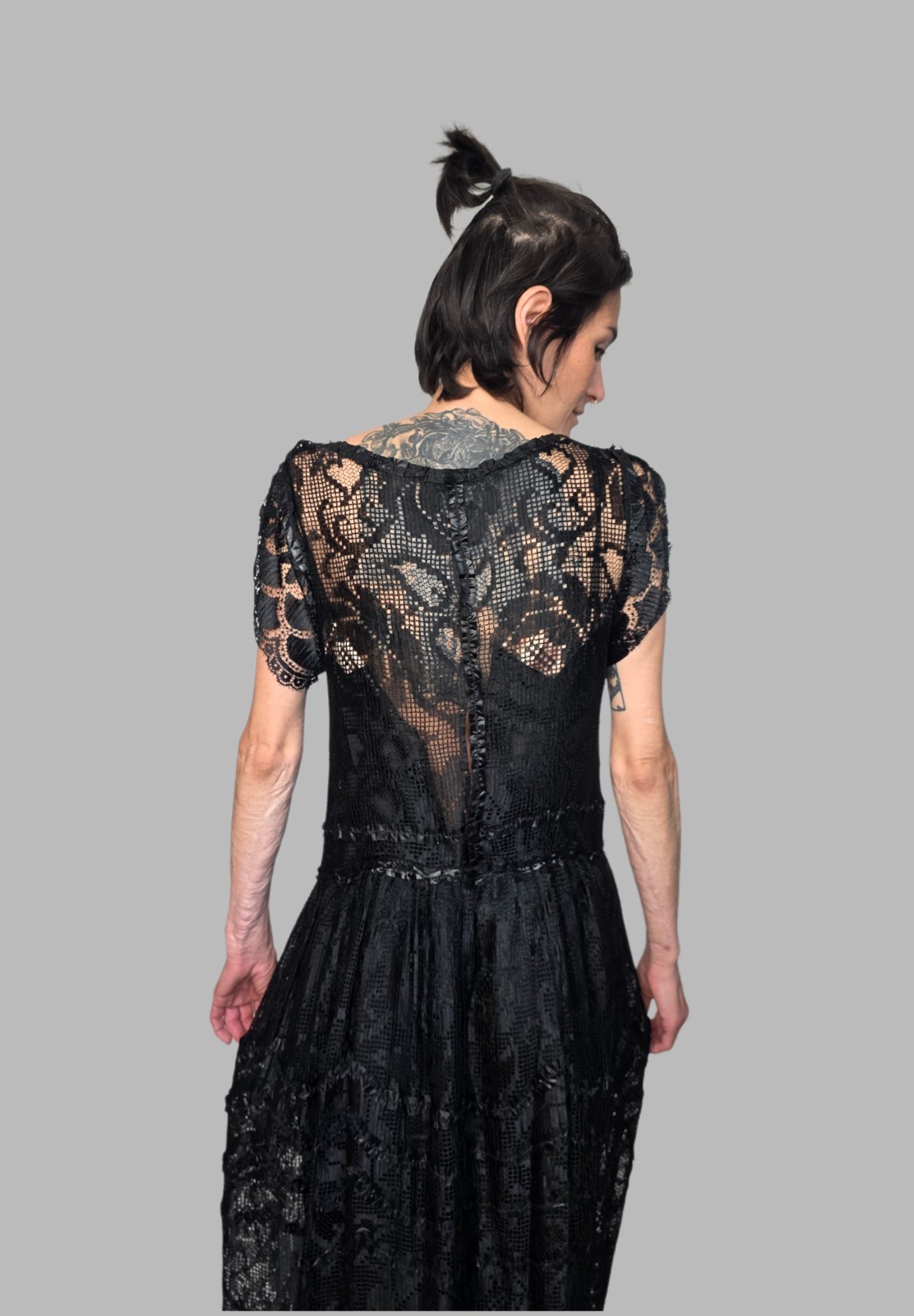 Authentic Edwardian Black Silk Lace Dress | Antique 1910s Drop Waist Gown | Hip