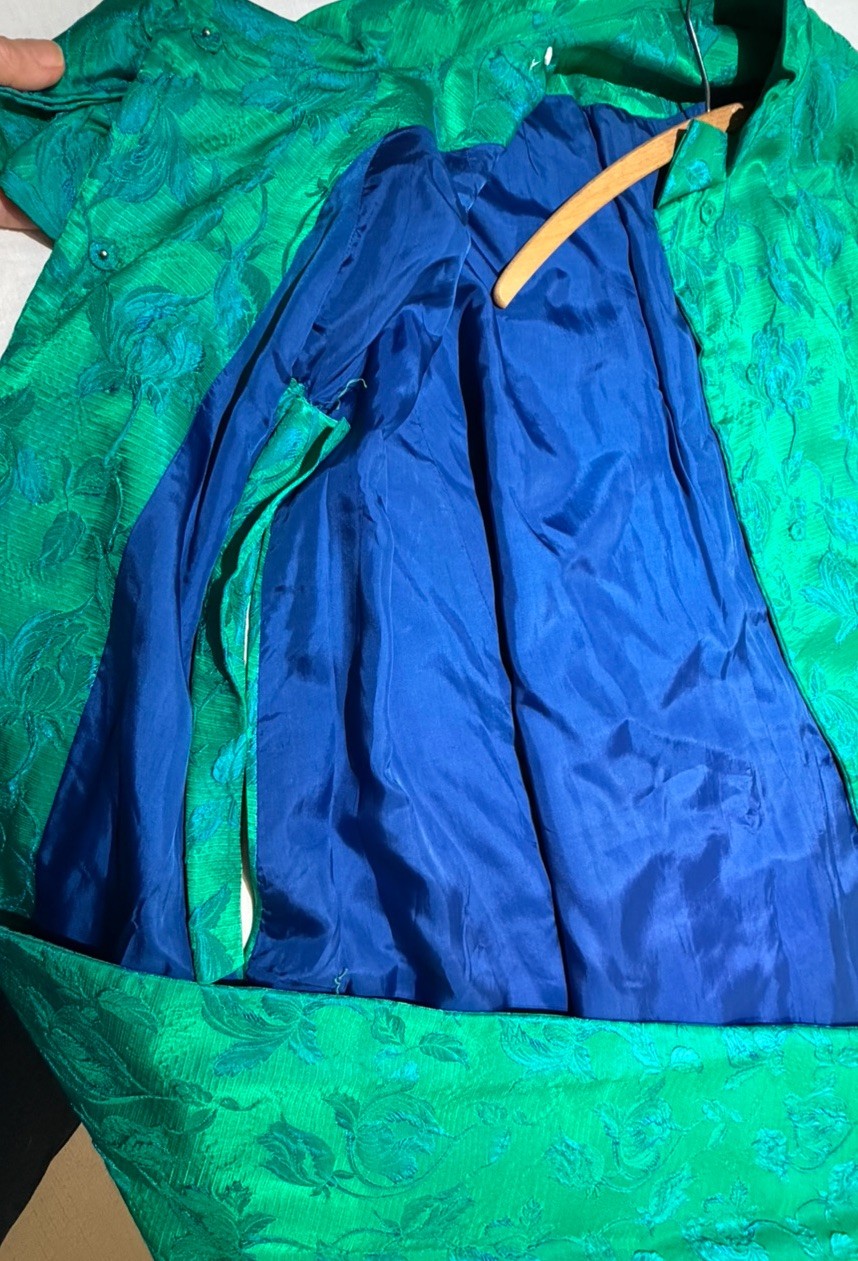 Vintage Custom Tailored Teal Green Blue Jacquard Floral Long Opera Cape-One Size
