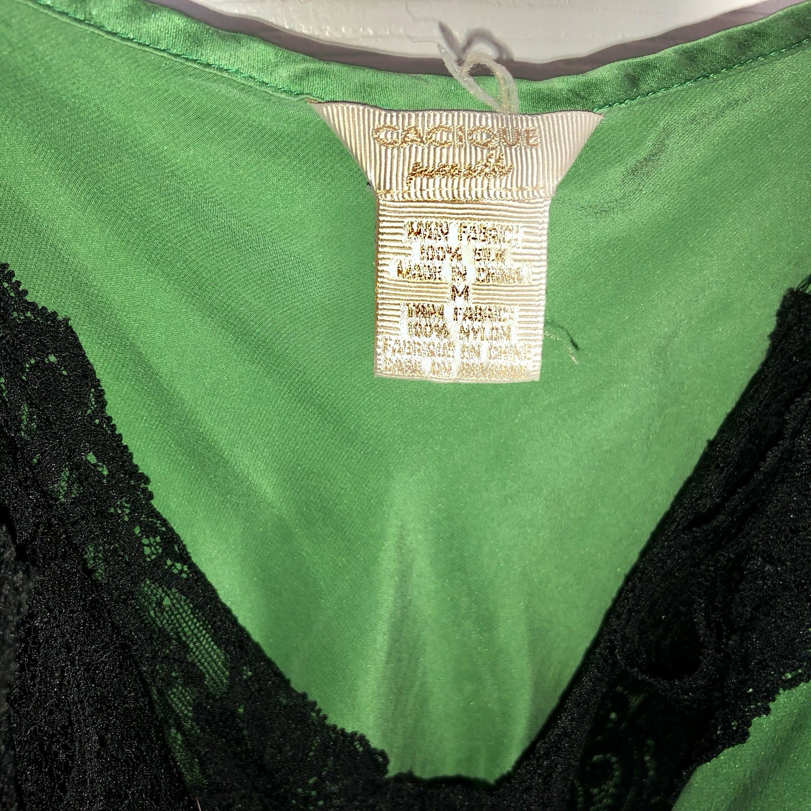 PREOWNED Vintage Cacique Emerald Green Teddy With Black Lace 100% Nylon Size M