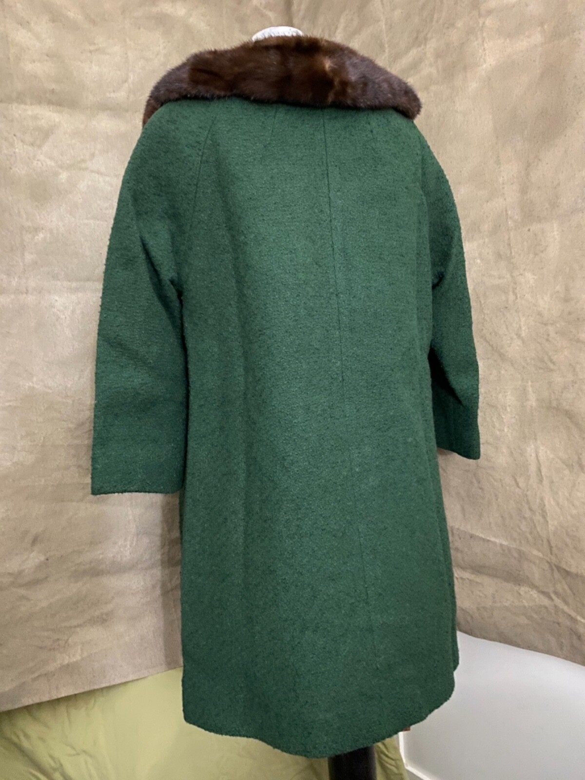 Vintage FOREST GREEN BOILED WOOL Coat MINK FUR COLLAR Copper Satin Lining M