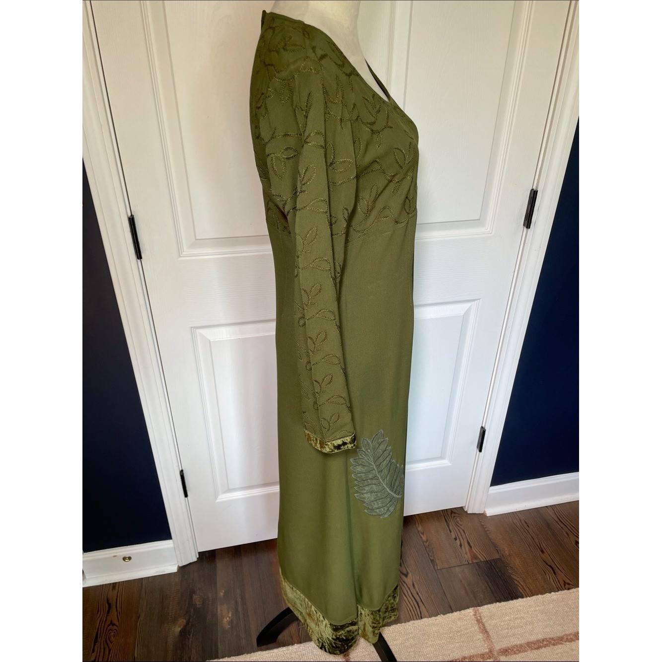 Vintage Johnny Was Embroidered Olive Green Maxi Dress Velvet Trim XS