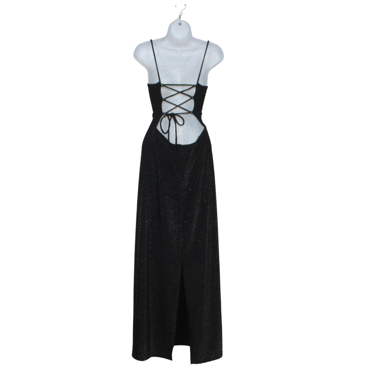 Vintage 90s column dress black metallic long lace up open back leg slit formal