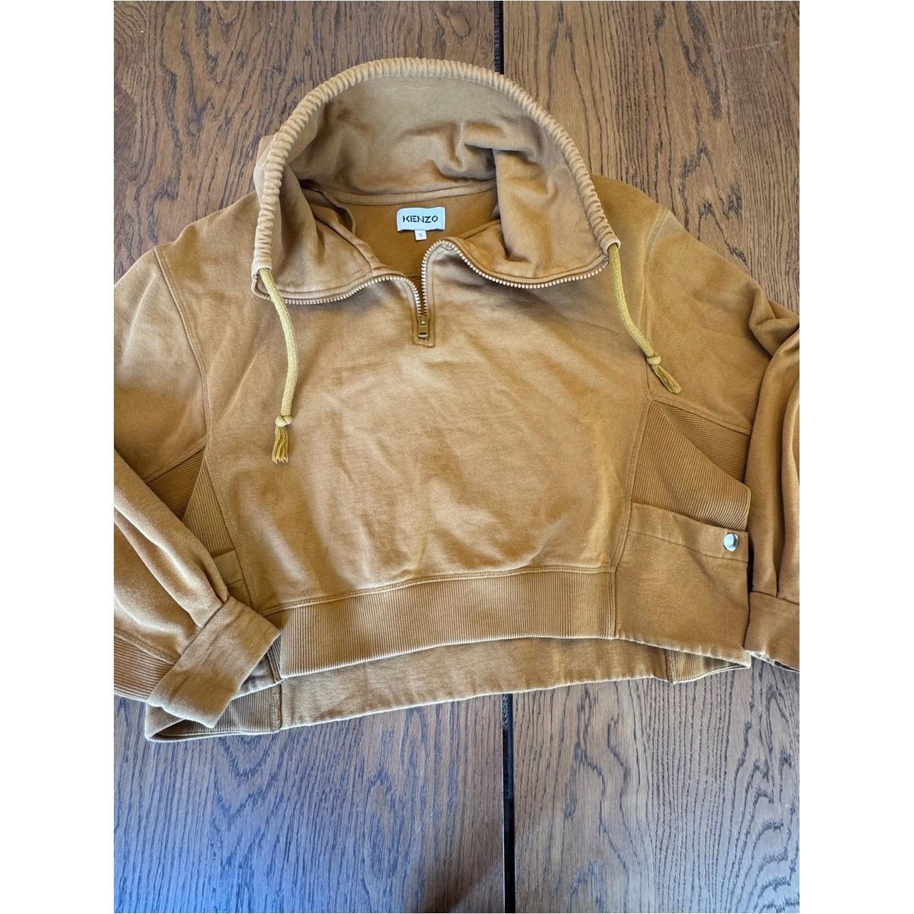 Kenzo Camel Mustard Cropped Funnel-Neck Sweatshirt Quarter Zip Vintage Rare S