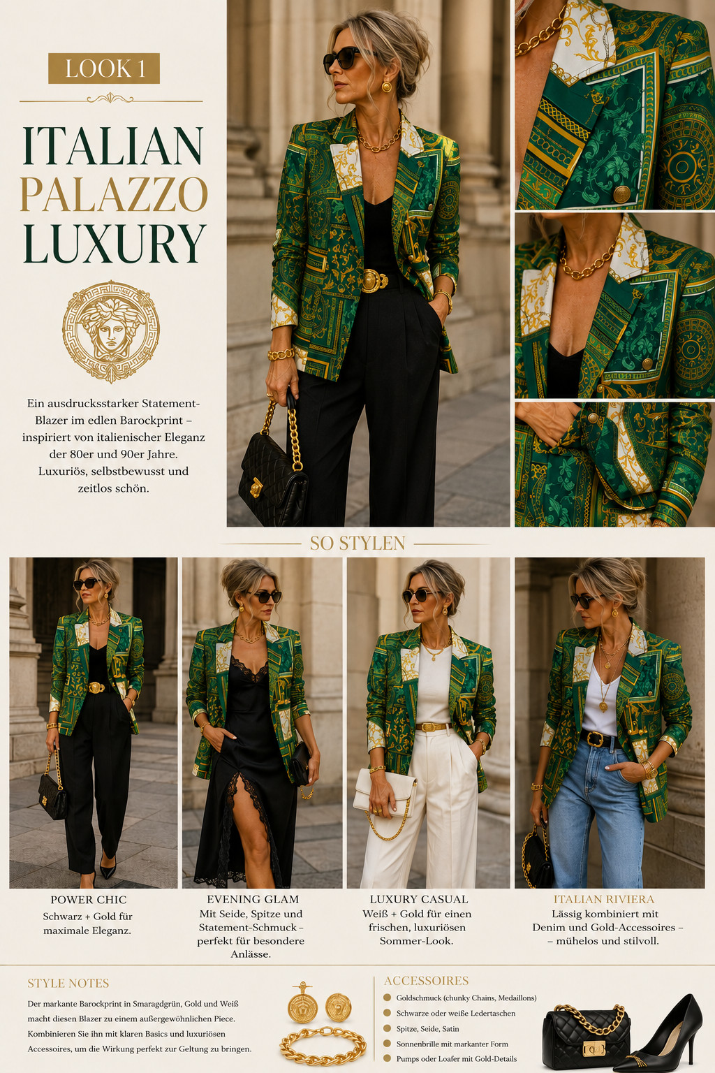 Luxury Blazer Cotton Silk Emerald Green Gold Baroque Size 44 46✨