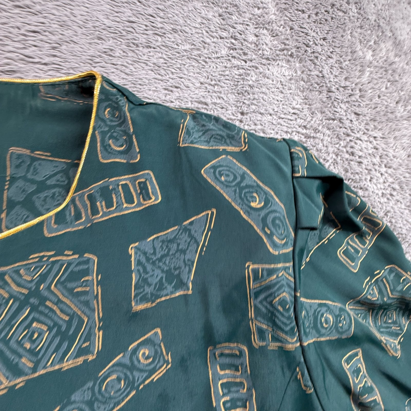 Stuart Alan Womens 16 Vintage 80s Button Up Blouse Green Gold Geometric Print
