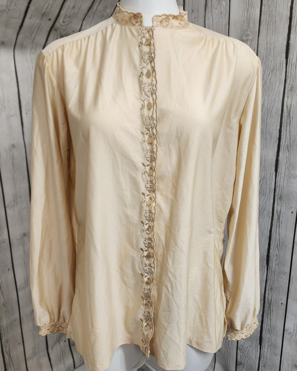 Vintage 70s Gaylord Qiana Blouse 18 Champagne Embroidered Mandarin Collar