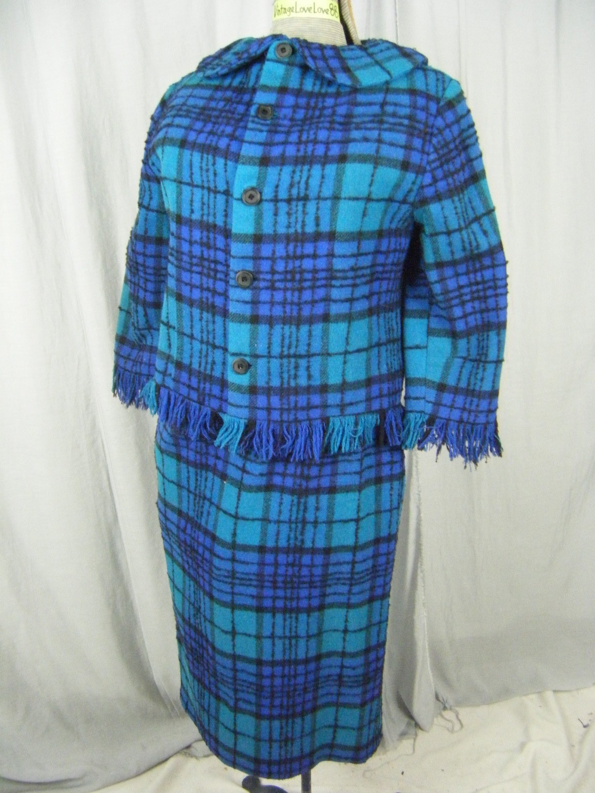 Vtg 60s Custom Made Blue Black Woven Fringes Jacket & Skirt-Bust 36/Waist 25