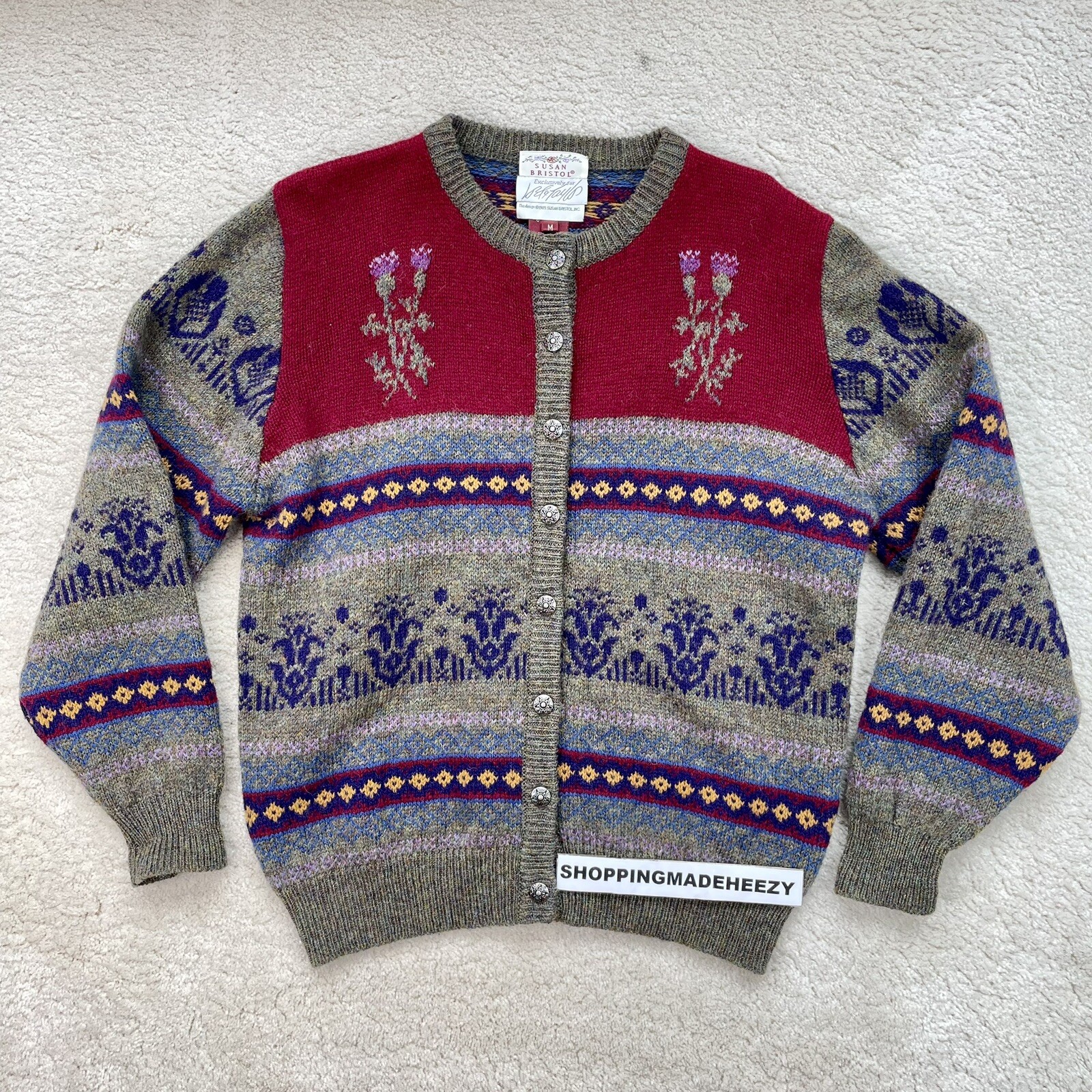 [M] VTG 1989 SUSAN BRISTOL 100% WOOL SHETLAND SWEATER Made In Macau Floral