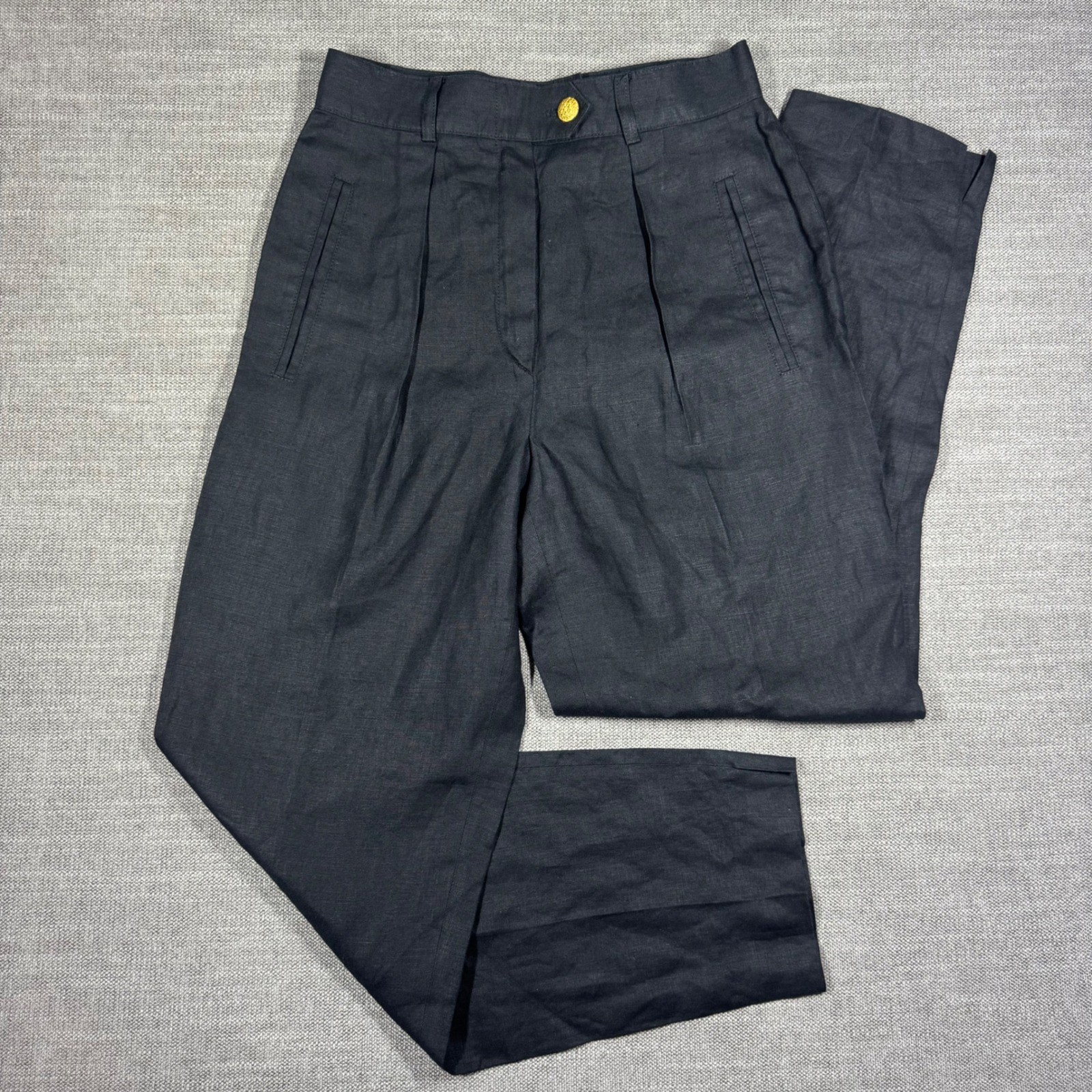 Vintage Escada Margaretha Ley Black Linen Pleated High Waist Trousers Pants 36