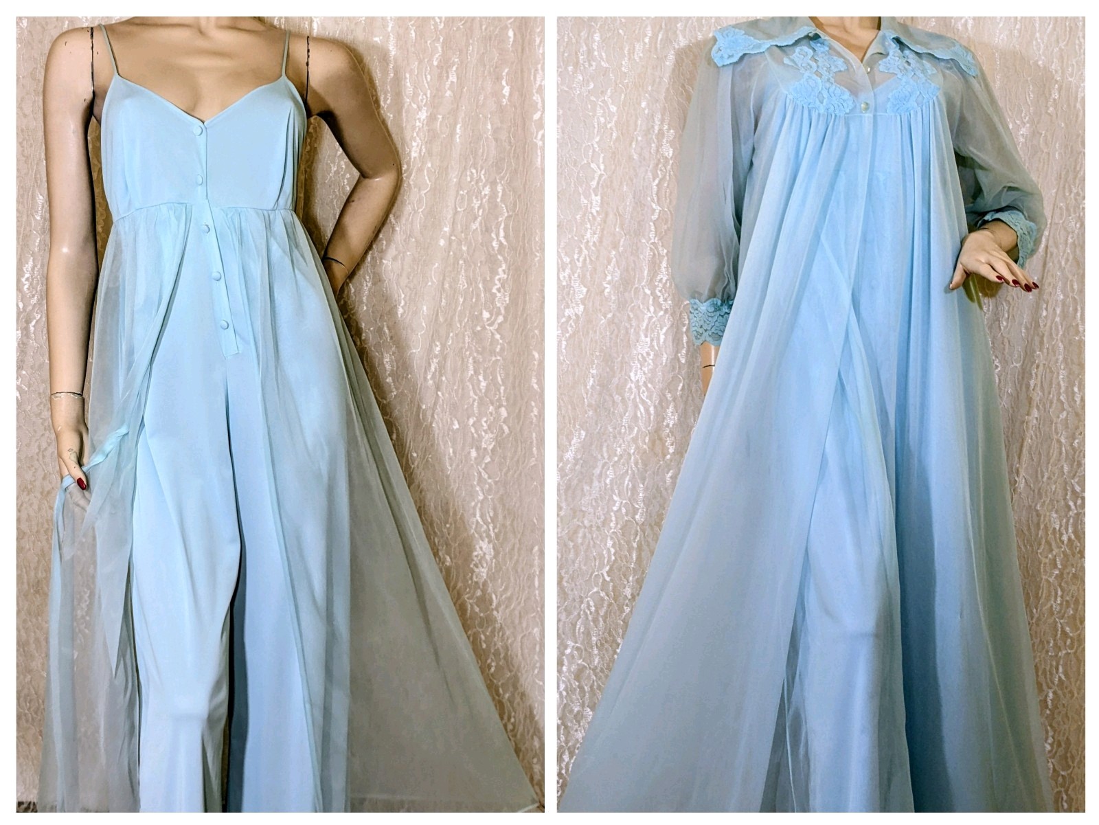 VTG Hostess Lounger Jumpsuit Playsuit Chiffon and Peignoir Robe Combo Set M