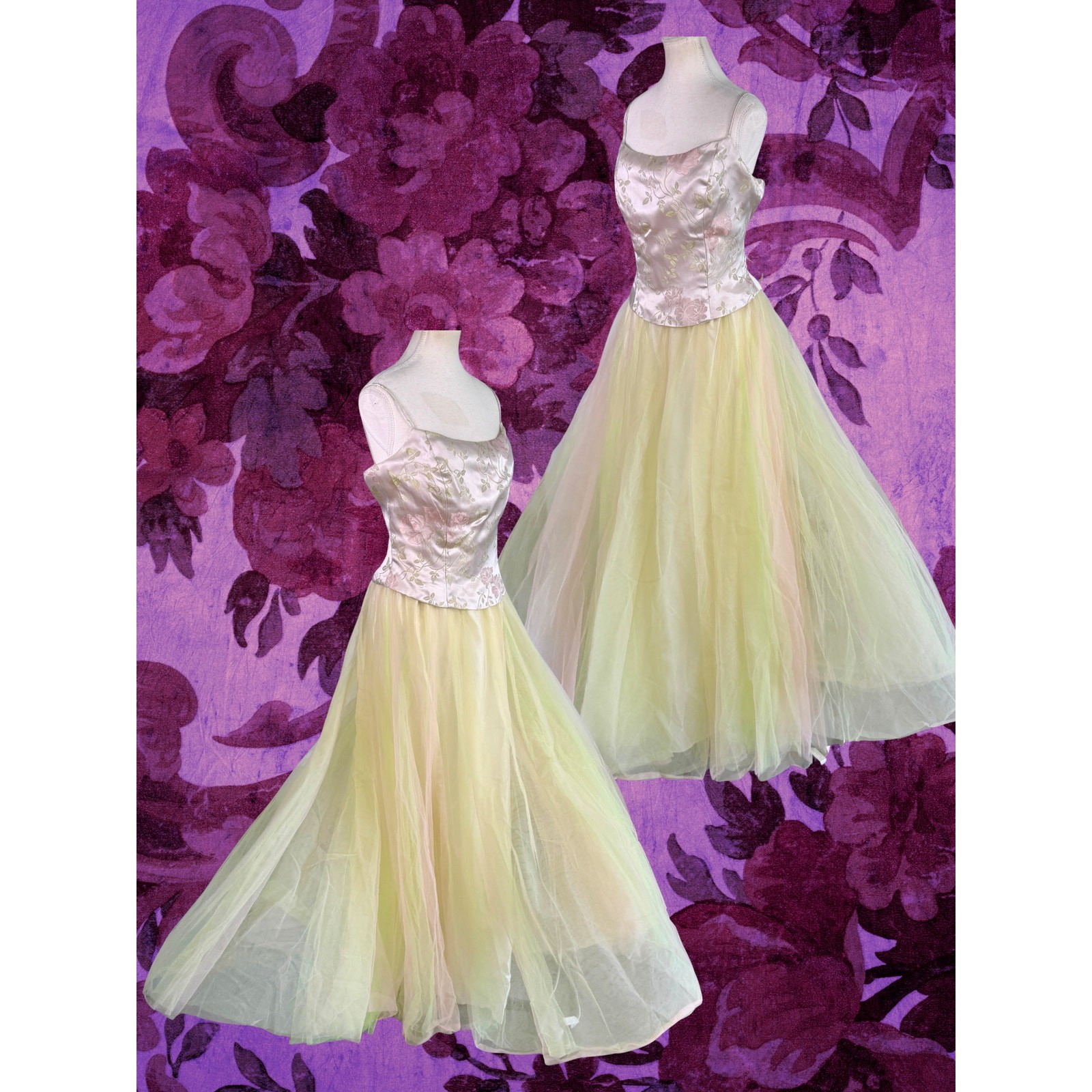 Vintage 70s Dave and Johnny Brocade Corset Tulle Green Pink Tulle Gown 13/14