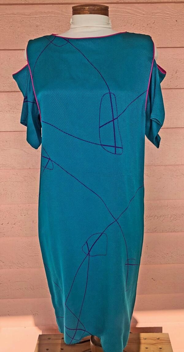 VTG FLORA KUNG DRESS Sz 4 Cold Shoulder GORGEOUS Turquoise Raspberry Purple Silk