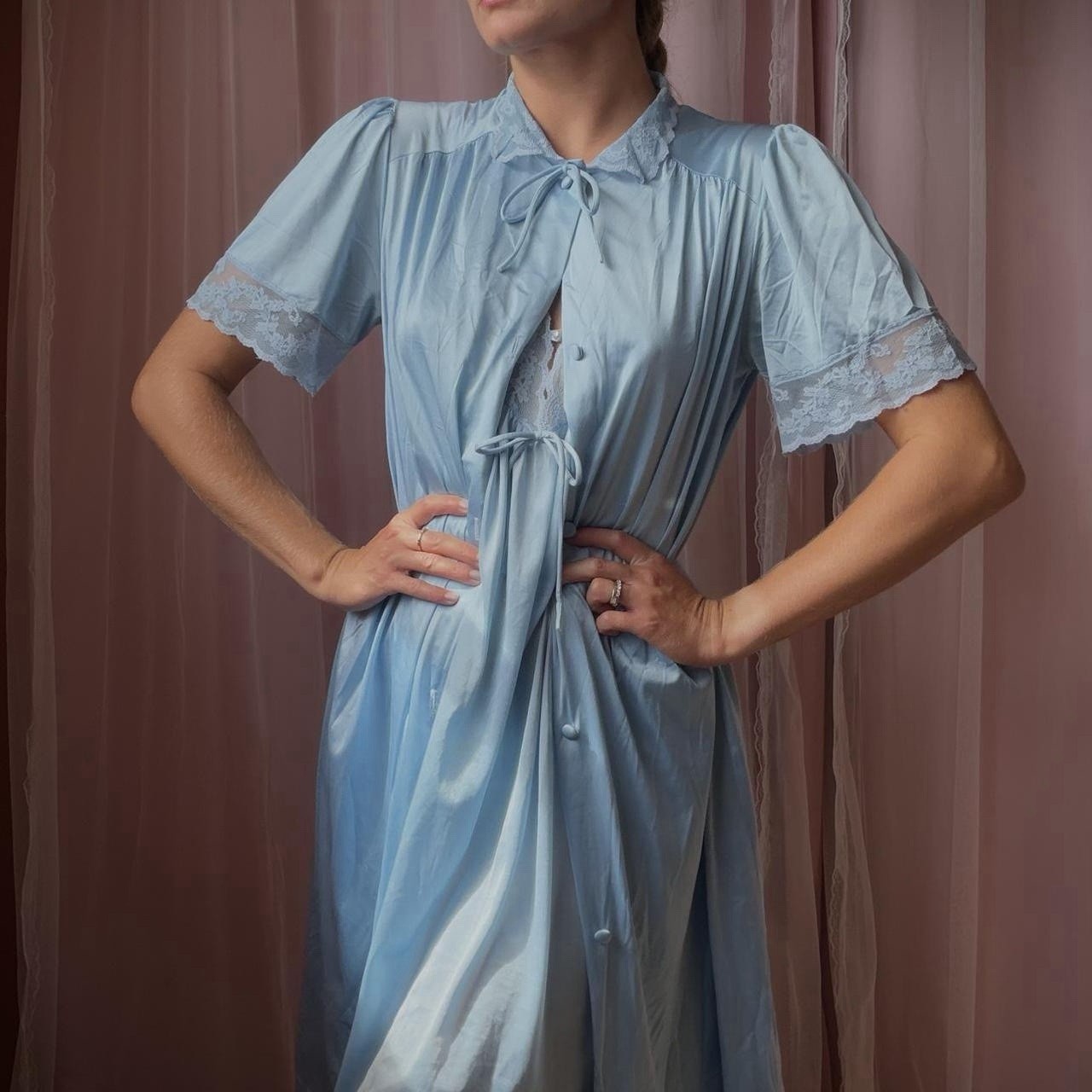1960s powder blue satin lace boudoir robe