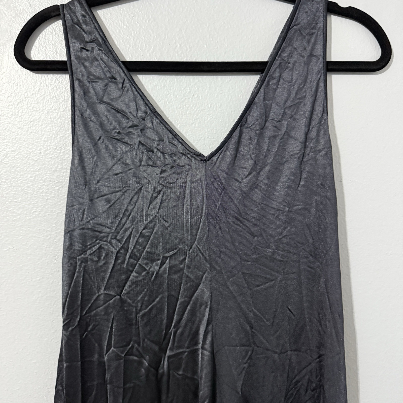 Vintage Vanity Fair Nightgown Black Maxi House Dress Plunge Neck Floral Details
